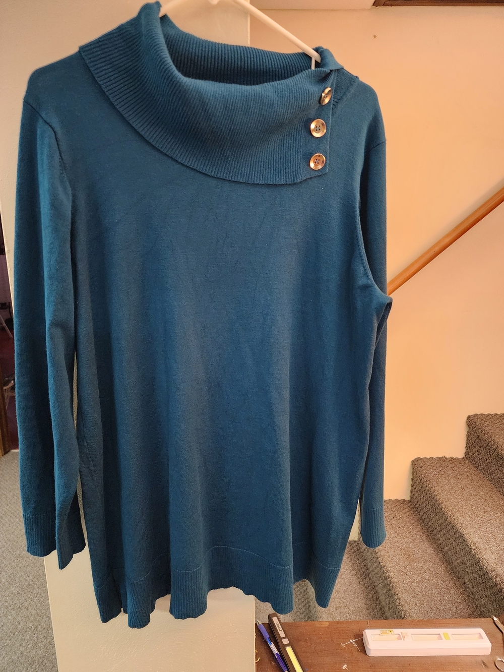Cable & Gauge Teal Cowl-Neck Sweater with Button Detail 1x